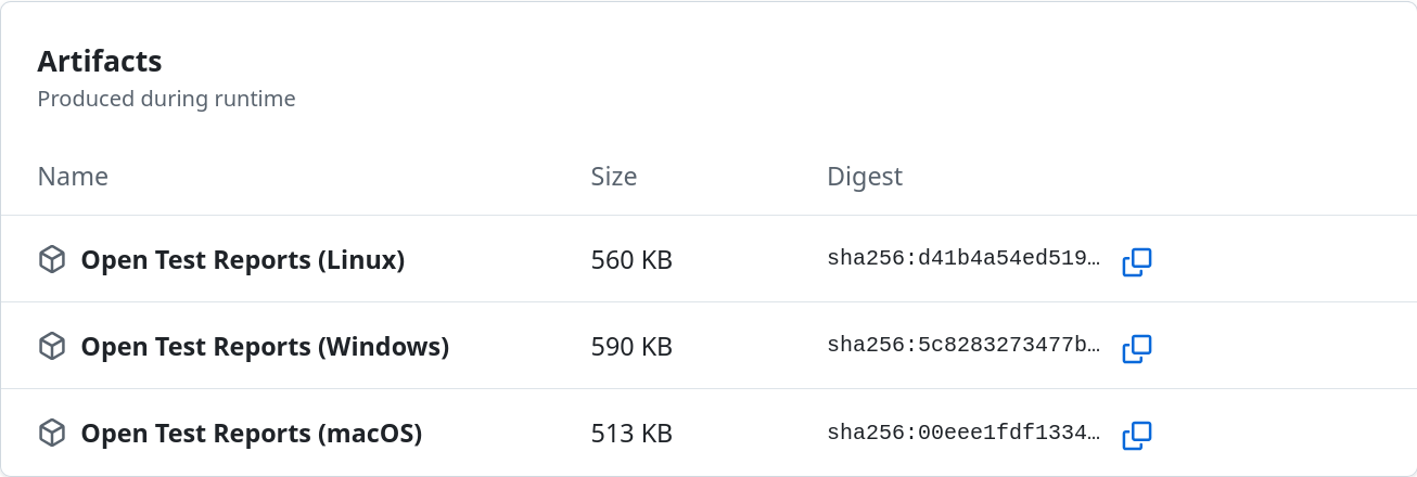 screenshot of GitHub Actions workflow run artifacts