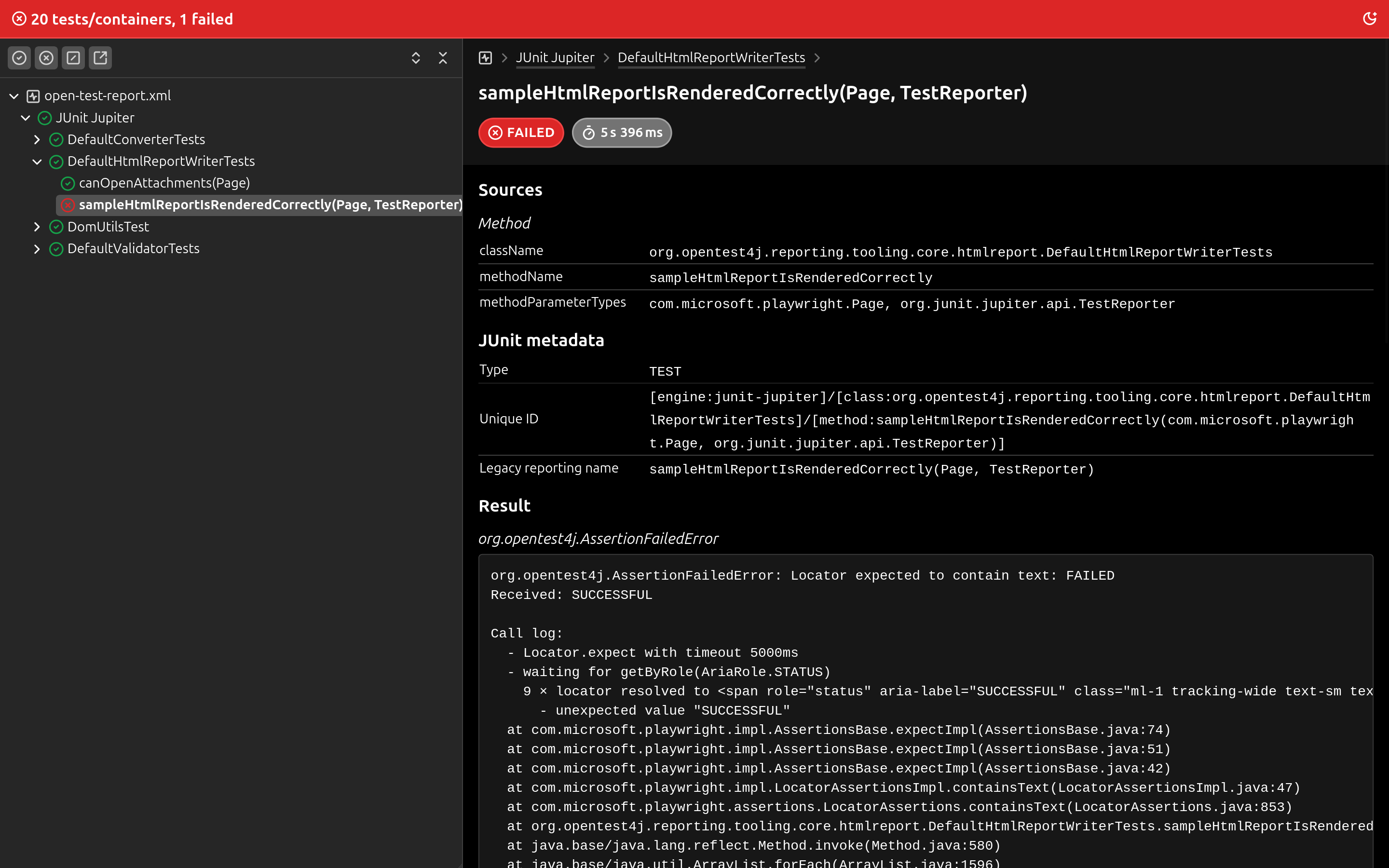 screenshot of failed test report